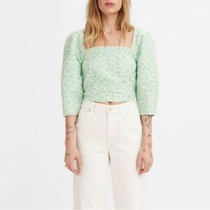 Levi’s Floral Puff Sleeve Cropped Smocked White Green Square Neckline Top Small